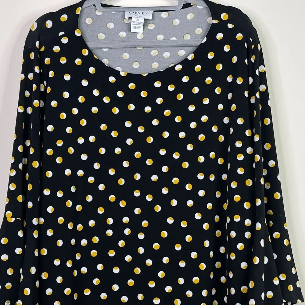 Carmen Marc Valvo Polka Dot Y2K Bell Sleeve Blouse Women's Size 2X - Picture 5 of 8